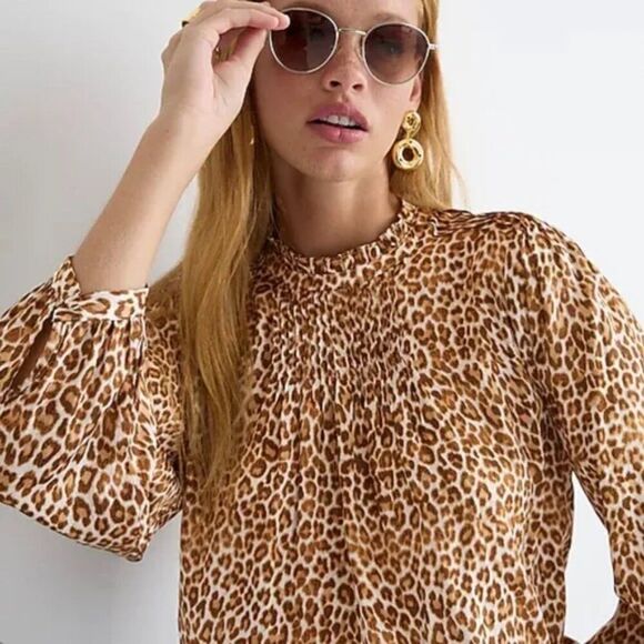 🌹 J. CREW 🌹 Ruffleneck Drapey Leopard Print Satin Blouse - [Size XS] - Picture 3 of 14